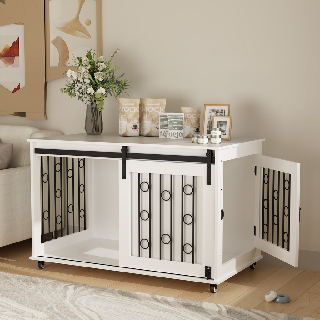 39.37 Modern Wooden Dog Crate Furniture With Sliding Barn Door And Side Door, Indoor Dog Kennel End Table For Small To Medium Dogs, Decorative Pet Crate With Metal Bars And Lockable Wheels  White