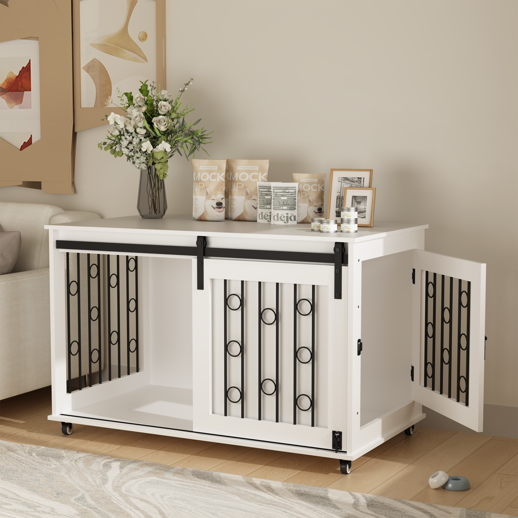 39.37 Modern Wooden Dog Crate Furniture With Sliding Barn Door And Side Door, Indoor Dog Kennel End Table For Small To Medium Dogs, Decorative Pet Crate With Metal Bars And Lockable Wheels  White