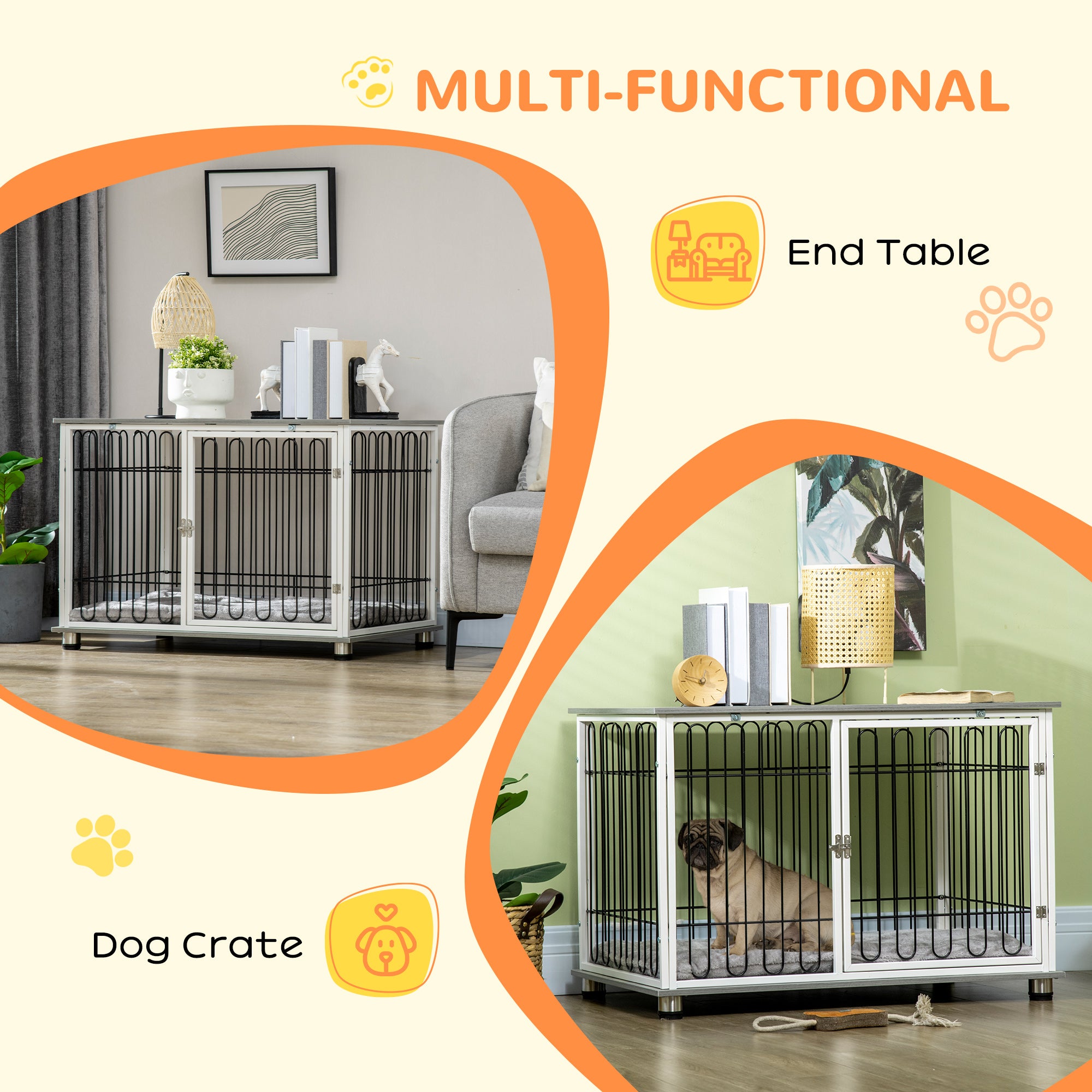 Boujeee Dogs Indoor Dog Crate Furniture, Side End Table, With Soft Washable Cushion, Lockable Doors, For Small And Medium Dogs