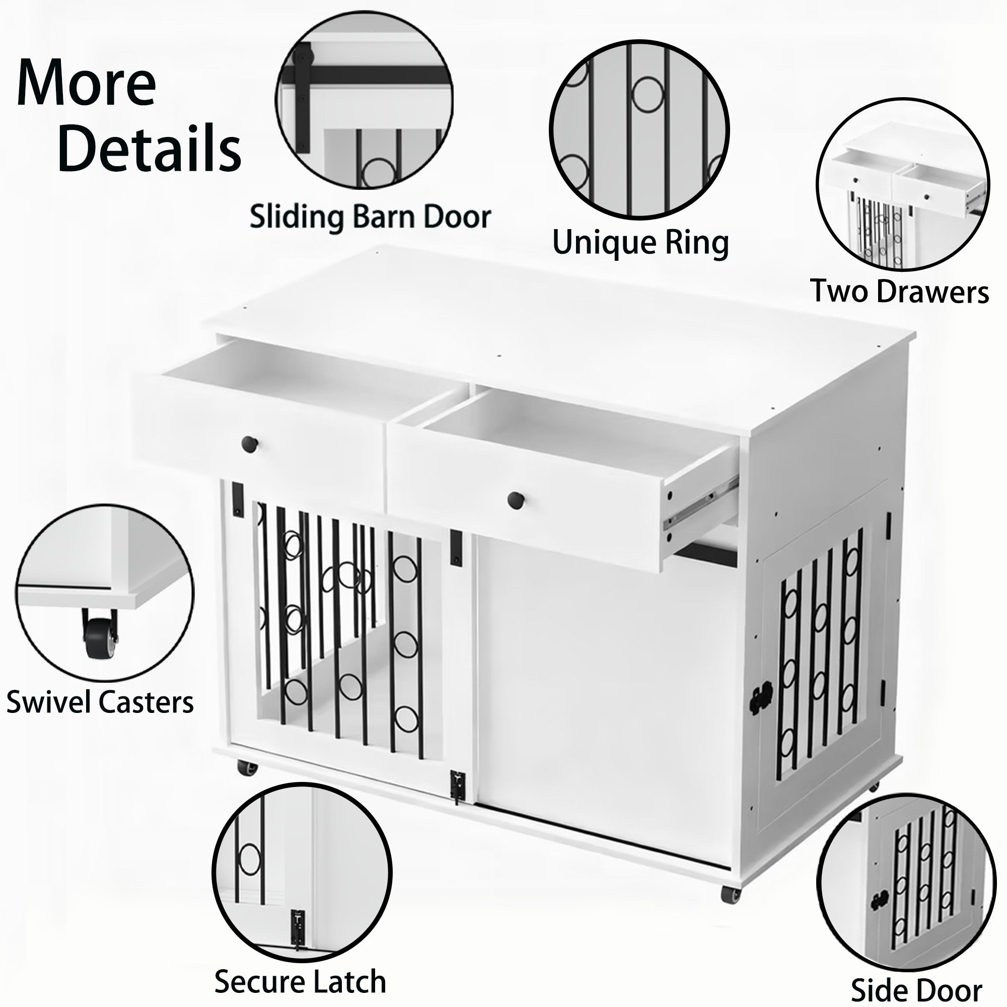 Boujee Dogs Luxurious Modern Wooden Dog Crate Furniture With Double Drawers And Sliding Barn Door, Decorative Pet Kennel End Table With Lockable Wheels, Stylish Dog Cage For Small To Medium Dogs  White