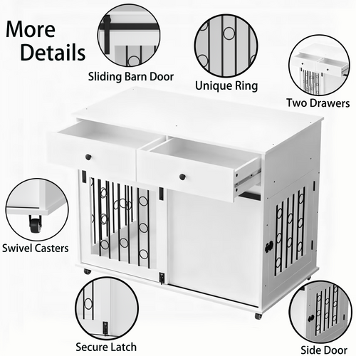Boujee Dogs Luxurious Modern Wooden Dog Crate Furniture With Double Drawers And Sliding Barn Door, Decorative Pet Kennel End Table With Lockable Wheels, Stylish Dog Cage For Small To Medium Dogs  White