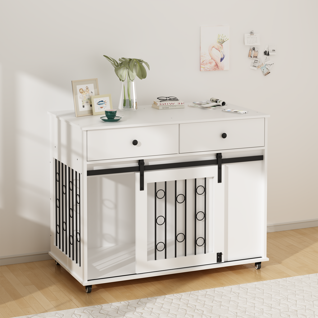 Boujee Dogs Luxurious Modern Wooden Dog Crate Furniture With Double Drawers And Sliding Barn Door, Decorative Pet Kennel End Table With Lockable Wheels, Stylish Dog Cage For Small To Medium Dogs  White