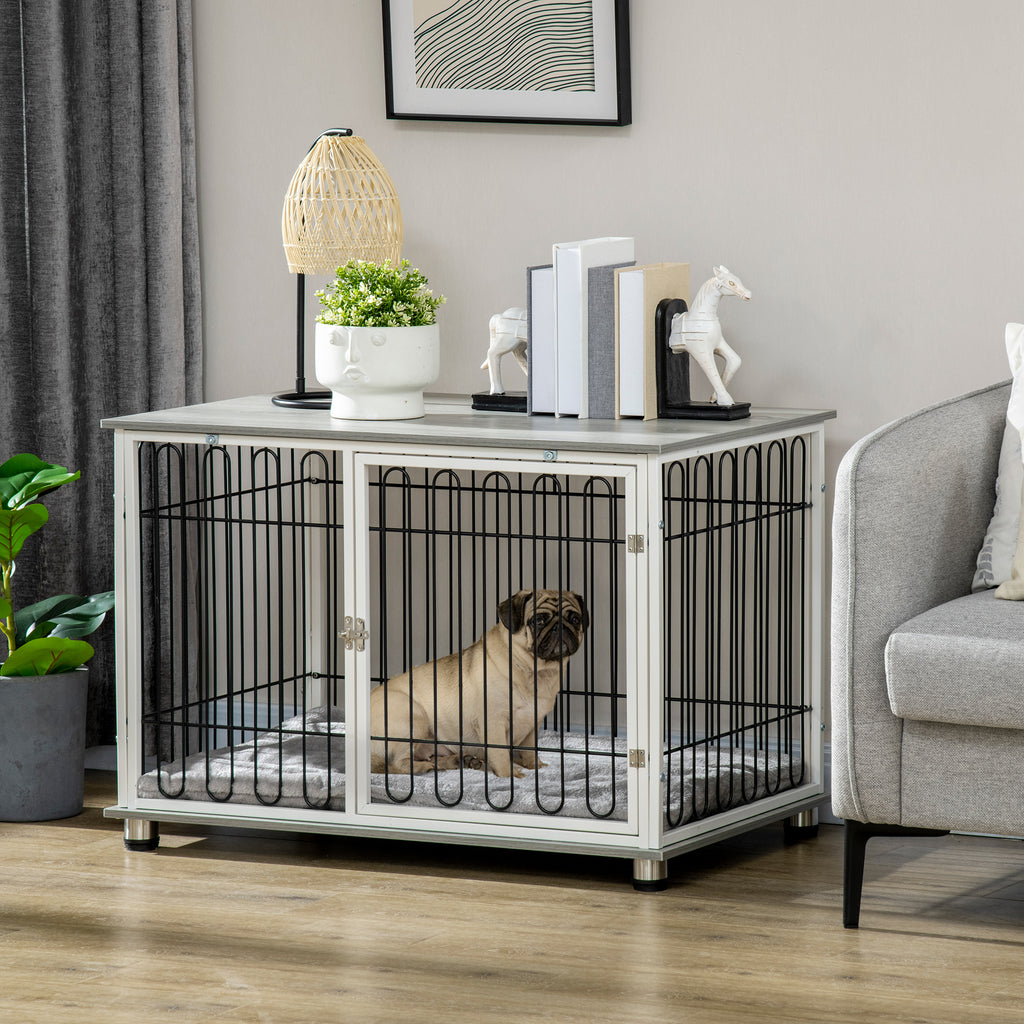 Boujeee Dogs Indoor Dog Crate Furniture, Side End Table, With Soft Washable Cushion, Lockable Doors, For Small And Medium Dogs