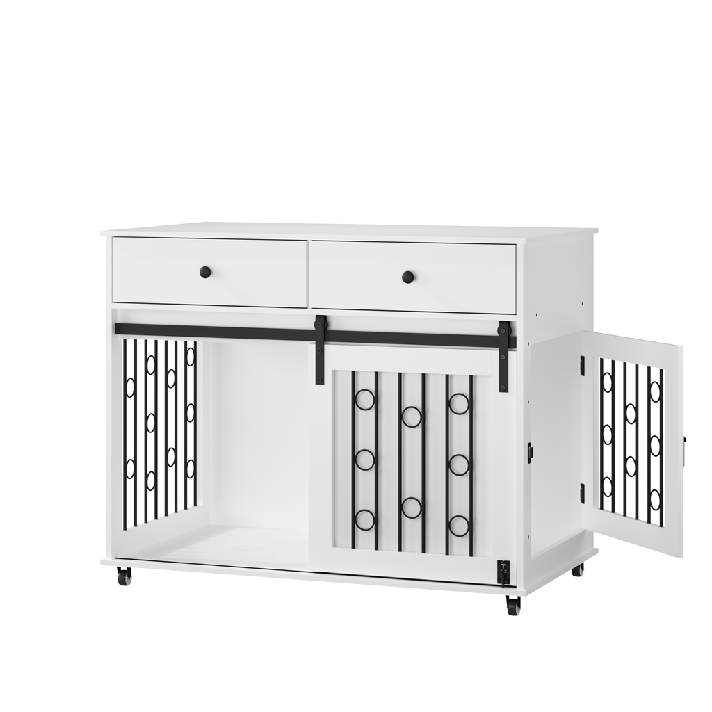 Boujee Dogs Luxurious Modern Wooden Dog Crate Furniture With Double Drawers And Sliding Barn Door, Decorative Pet Kennel End Table With Lockable Wheels, Stylish Dog Cage For Small To Medium Dogs  White
