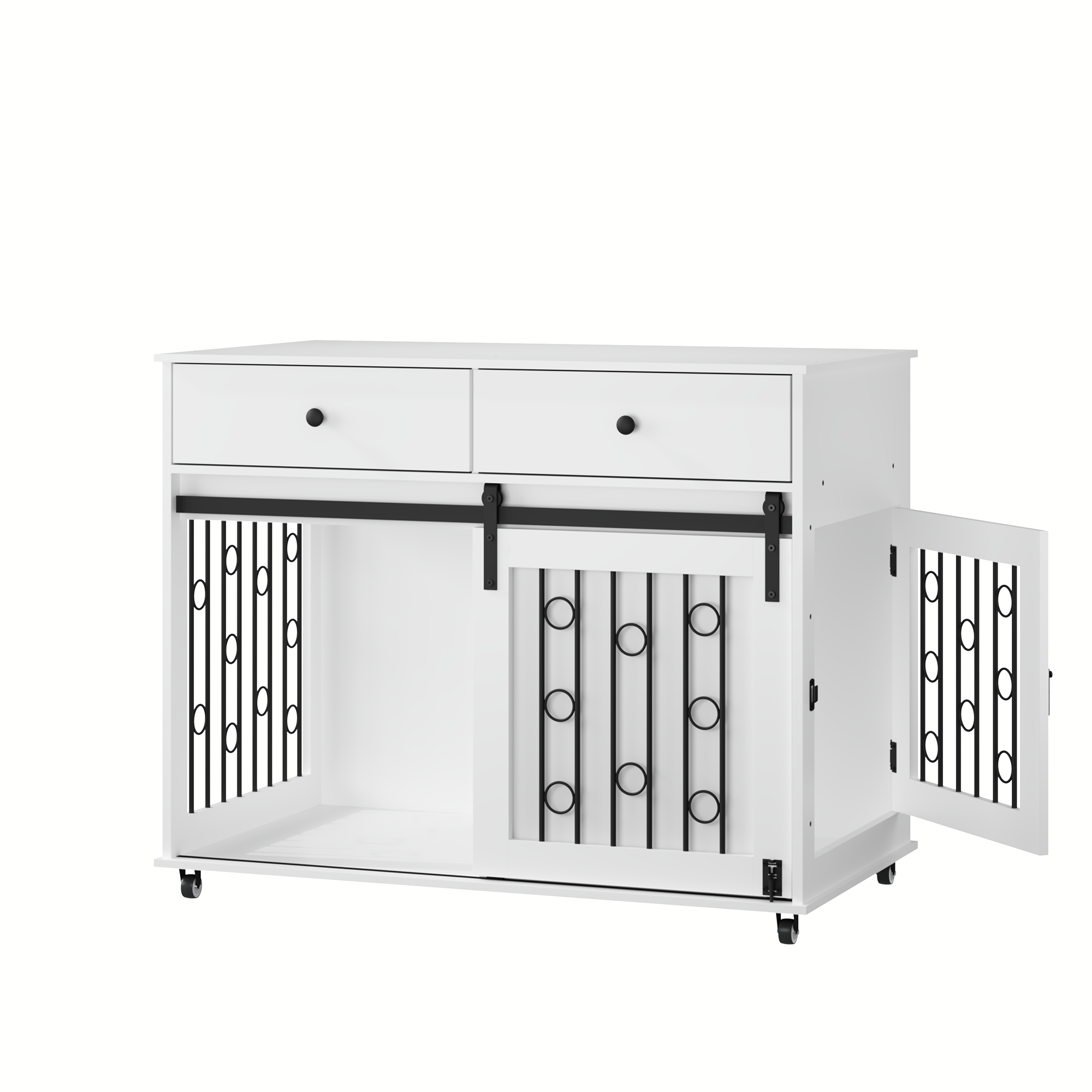 Boujee Dogs Luxurious Modern Wooden Dog Crate Furniture With Double Drawers And Sliding Barn Door, Decorative Pet Kennel End Table With Lockable Wheels, Stylish Dog Cage For Small To Medium Dogs  White