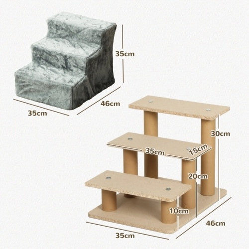 PawHut Three-Step Dog Stairs, With Washable Plush Cover, For High Bed Sofa, Dog Stairs For Small Dog And Cat - Light Grey