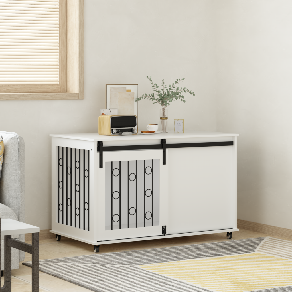 39.37 Modern Wooden Dog Crate Furniture With Sliding Barn Door And Side Door, Indoor Dog Kennel End Table For Small To Medium Dogs, Decorative Pet Crate With Metal Bars And Lockable Wheels  White