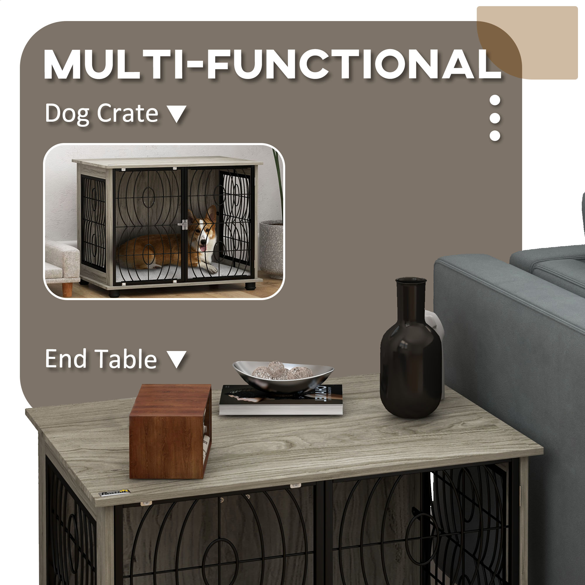 Boujee Dogs Indoor Dog Crate Furniture End Table W/ Plush Washable Cushion, Lockable Door, For Medium size Dogs