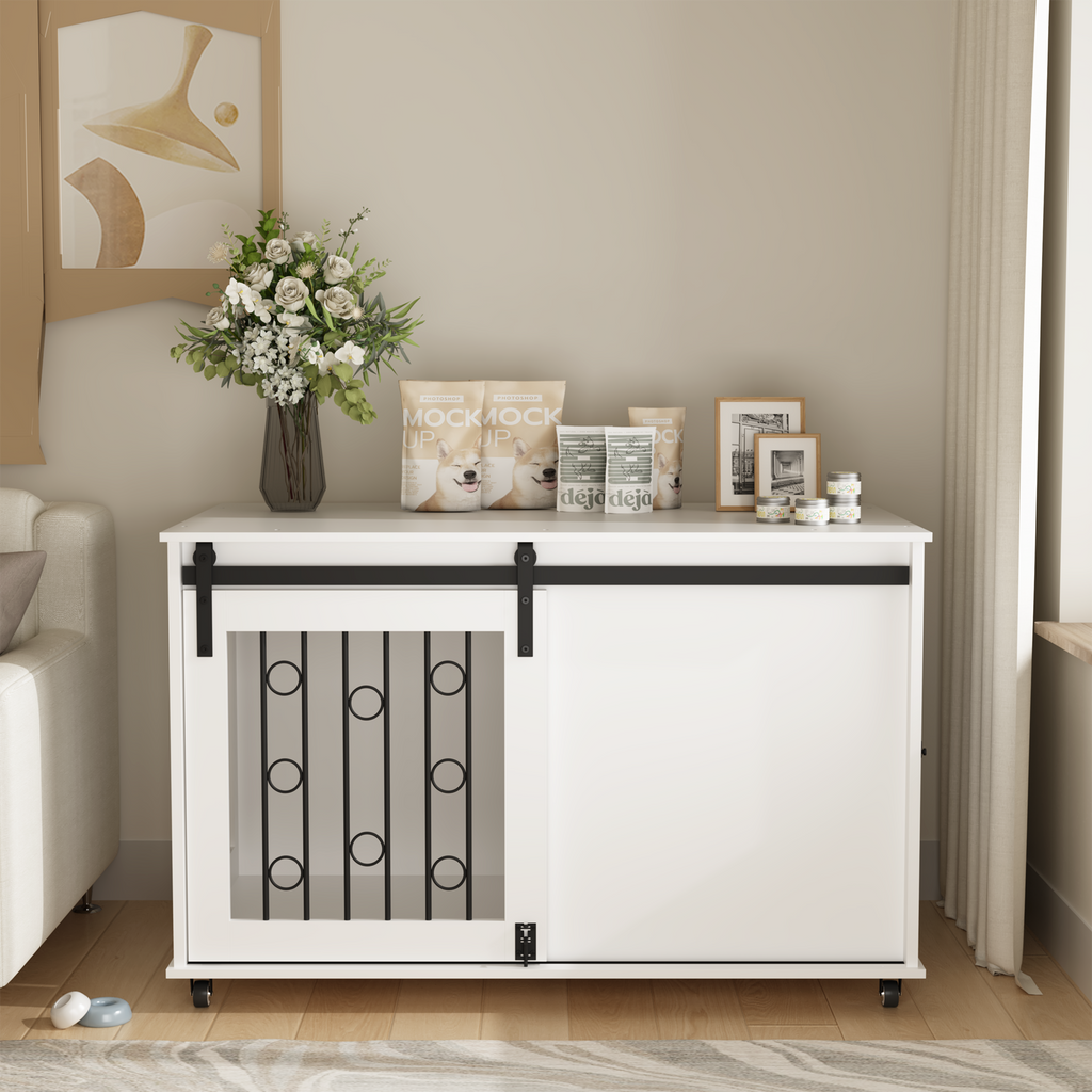 39.37 Modern Wooden Dog Crate Furniture With Sliding Barn Door And Side Door, Indoor Dog Kennel End Table For Small To Medium Dogs, Decorative Pet Crate With Metal Bars And Lockable Wheels  White