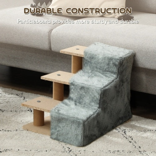 PawHut Three-Step Dog Stairs, With Washable Plush Cover, For High Bed Sofa, Dog Stairs For Small Dog And Cat - Light Grey