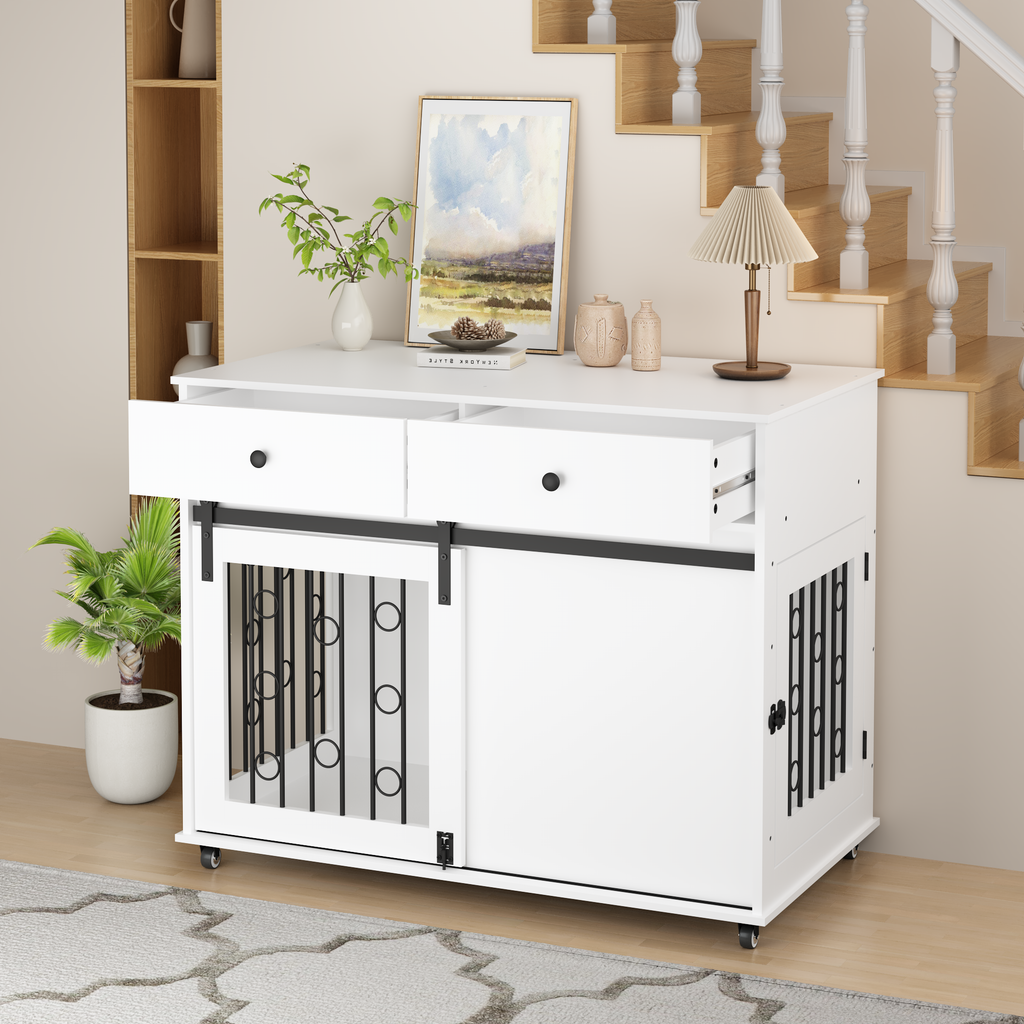 Boujee Dogs Luxurious Modern Wooden Dog Crate Furniture With Double Drawers And Sliding Barn Door, Decorative Pet Kennel End Table With Lockable Wheels, Stylish Dog Cage For Small To Medium Dogs  White
