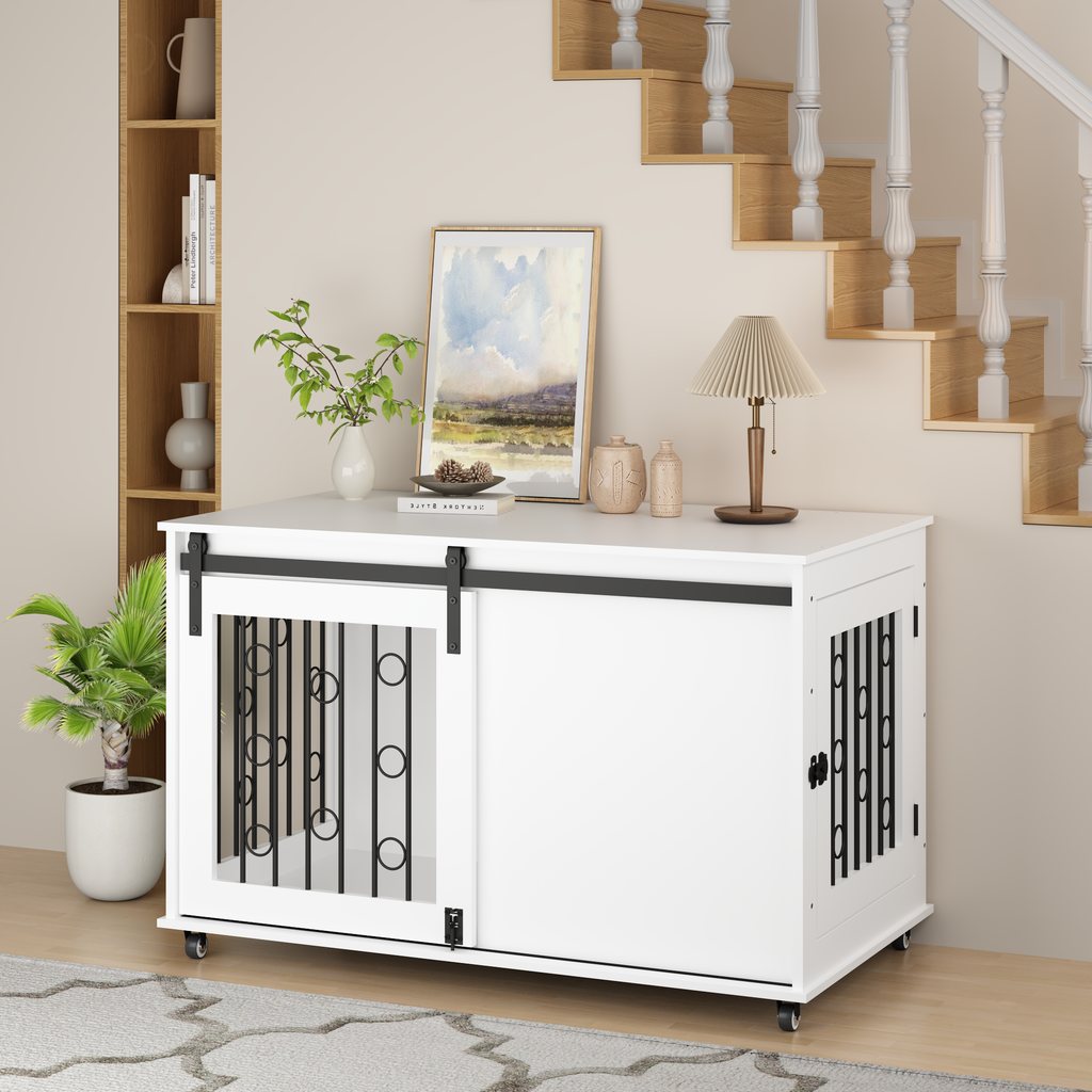 39.37 Modern Wooden Dog Crate Furniture With Sliding Barn Door And Side Door, Indoor Dog Kennel End Table For Small To Medium Dogs, Decorative Pet Crate With Metal Bars And Lockable Wheels  White