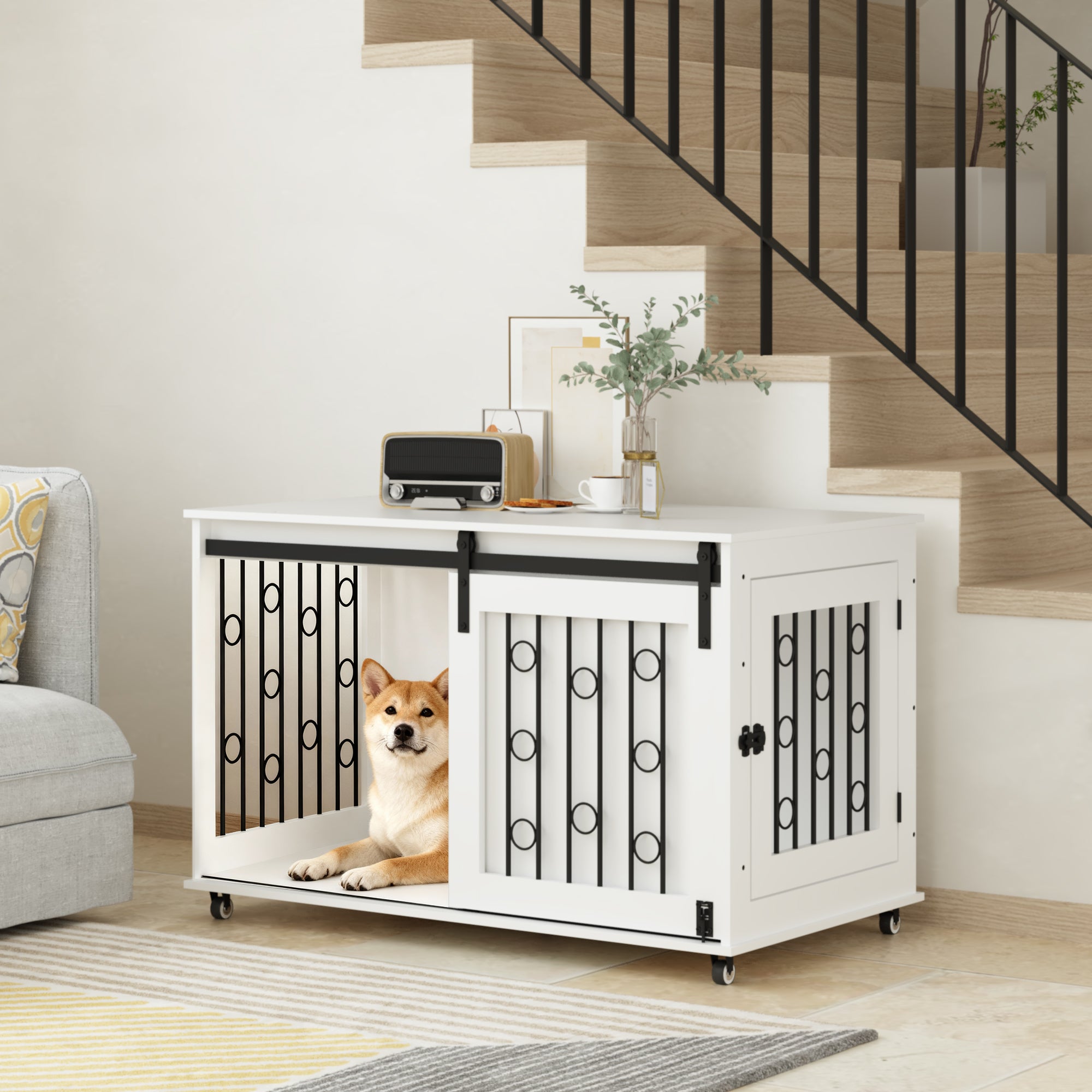 39.37 Modern Wooden Dog Crate Furniture With Sliding Barn Door And Side Door, Indoor Dog Kennel End Table For Small To Medium Dogs, Decorative Pet Crate With Metal Bars And Lockable Wheels  White
